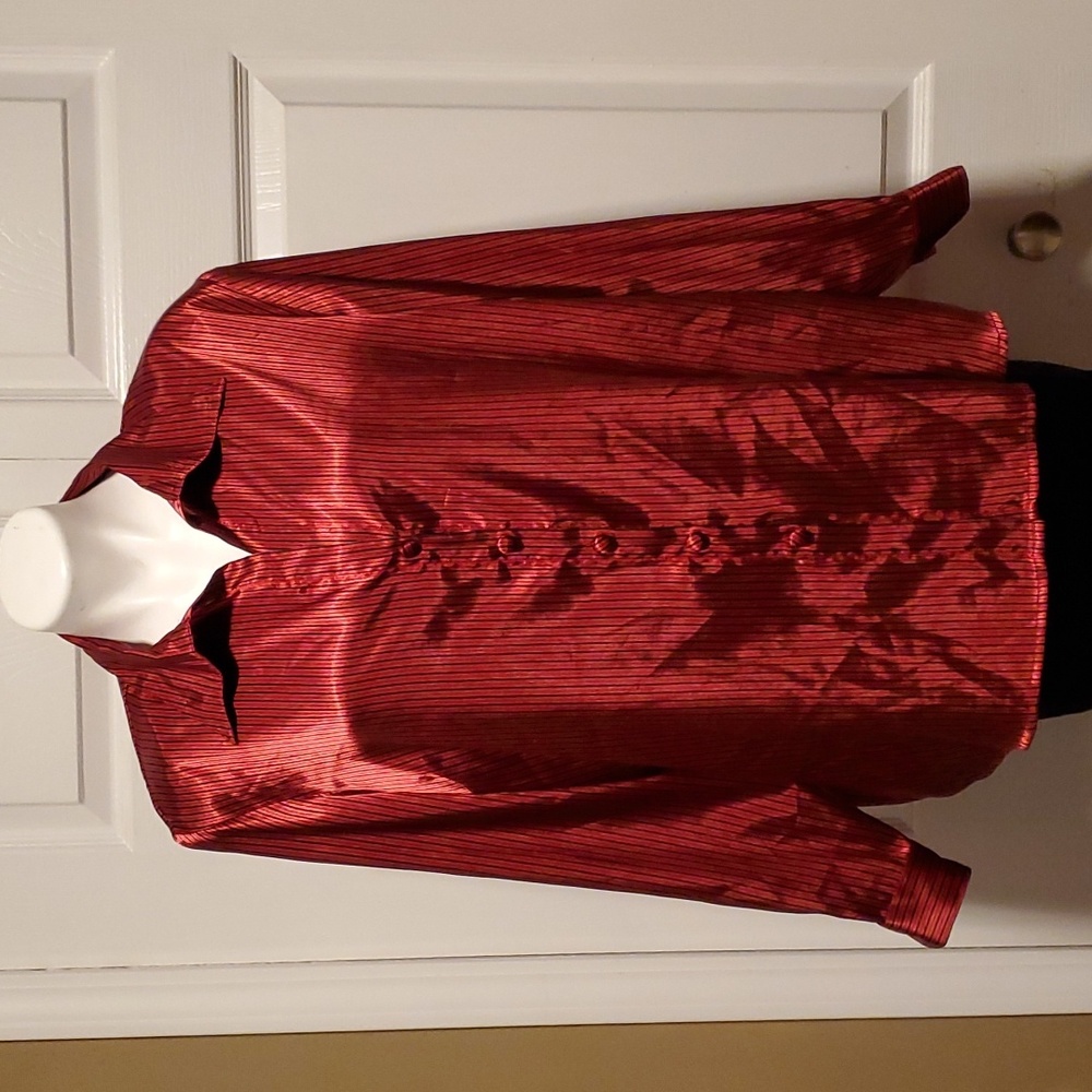 Dressbarn Vintage Stripe Red/Black Sheer Button Down Women's Long Sleeve -18/20W
